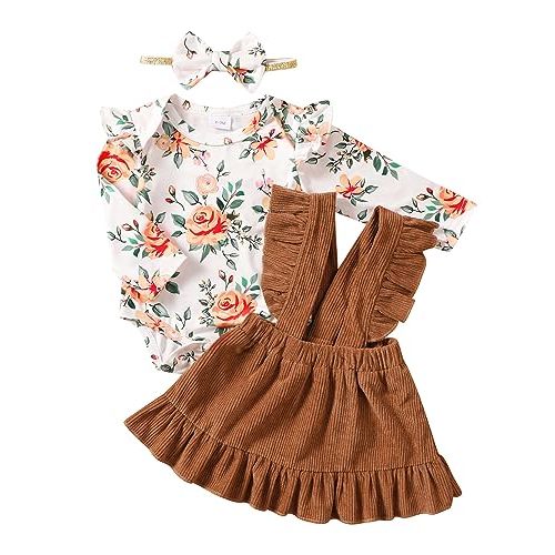 Kucnuzki Newborn Baby Girl Clothes Toddler Long Sleeve Ruffle Romper Top Infant Skirt Set Little Girl Overall Dress