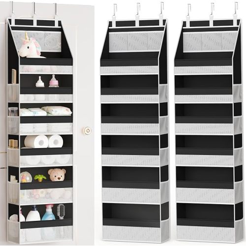 2 Pack Over the Door Organizer, Heavy-Duty 6-Shelf Hanging Storage with 13 Mesh Pockets, 55lbs Capacity Behind the Door Storage for Nursery, Bathroom, Bedroom, and Dorm, Black