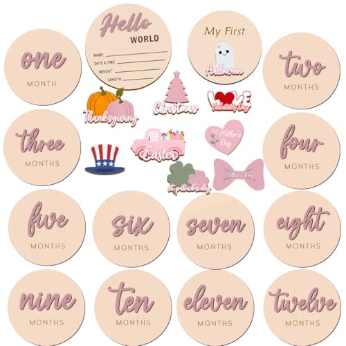 Monthly Baby Milestone Maker Discs, Baby Milestone Signs for Newborn Baby, Hello World Newborn Sign for Girl & Boy, Baby Announcement Sign for 1-12 Month, Milestone Wooden Circles (Sage) (Blush)