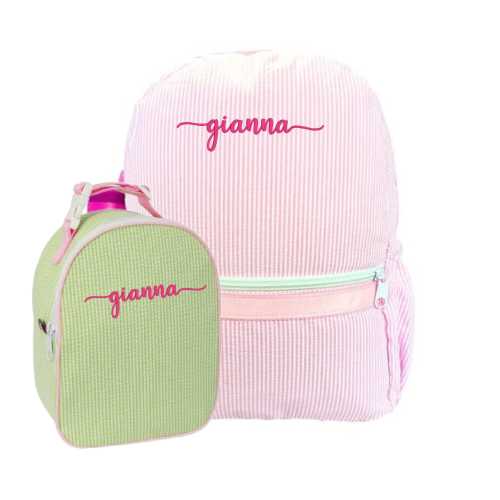 Personalized Seersucker Backpack and Lunchbox Set | Monogrammed Kids Backpack with Side Pockets | Embroidered Lunch Tote | 4 Color Options