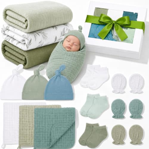 Ramede 15 Pcs Muslin Newborn Preemie Swaddle Gift Set for Baby Boys Girls, Soft Muslin Swaddle Blanket Wraps Set with Hat, Socks & Bibs, Baby Shower Box, 0-3 Month Newborn Must Haves Gift (Sage Green)