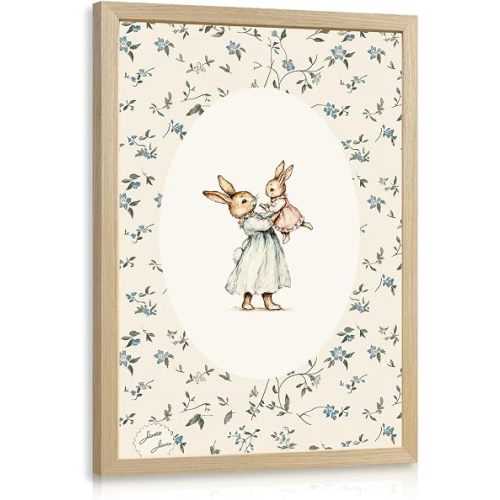 YZELY Vintage Bunny Nursery Wall Art, Mother and Baby Rabbit Wall Decor, Woodland Cottagecore Animal Poster Print, Neutral Floral Storybook Artwork for Baby Girls Bedroom Wood Framed 12x16 Inch