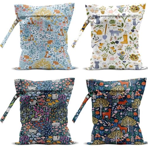 4 Pack Cute Wet Bag Waterproof Washable Reusable Wet Dry Bag for Swimsuit Dirty Clothes Diaper Travel Beach Pool Birthday Camping Toiletries Beach Essentials,Botanical Gardening Forest Fox Cat Deer