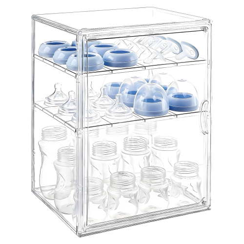 KORALAKIRI Baby Bottle Storage Organizer, Adjustable Clear Acrylic Makeup Storage Station, Case Box Container with 2 Removable Dividers and Magnetic Door for Countertop, Cabinet,Vanity, Bathroom