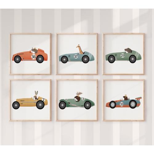 Animal Racing Car Nursery Prints – Whimsical Woodland Friends, Set of 6 Kids Room Wall Art
