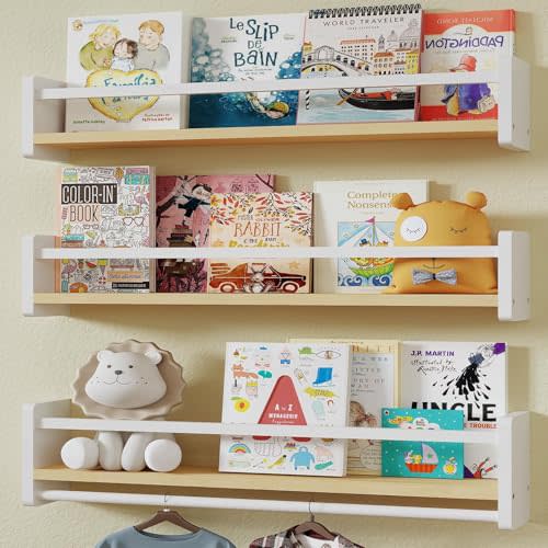 Nursery Floating Bookshelf for Kids, Wall Mounted Kids Book Shelf with Toy Storage, Pine Wood Nursery Shelves for Playroom, Bedroom, Toddler Room, Set of 3 (Pine & White, 15.8 Inches)