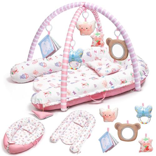 Pink Baby Play Mat, 7-in-1 Tummy Time Activity Gym Mat for Sensory and Motor Development, Washable Baby Lounger, Portable Newborn Nest for Home & Travel, Babies Gift for Infant 0-3-6-9-12-18 Months