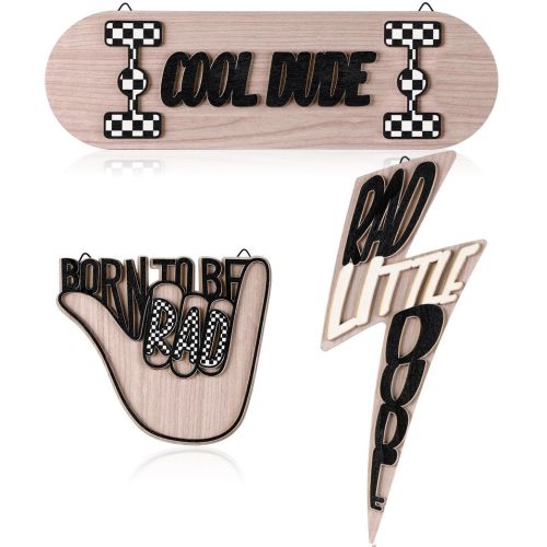 Briwooody 3 Pcs Wood Plaque Sign Rad Little Dude Wood Wall Hanging Tags Cool Nursery Decor Born to Be Dude Wall Sign Gifts for Room Dorm Playroom, Black and White Checked
