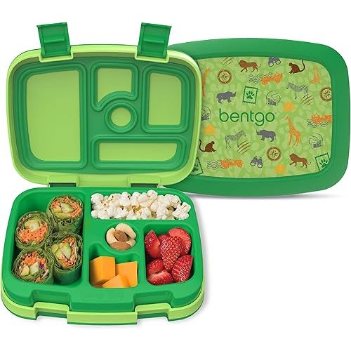 Bentgo Kids Prints Leak-Proof, 5-Compartment Bento-Style Kids Lunch Box - Ideal Portion Sizes for Ages 3-7, Durable, Drop-Proof, Dishwasher Safe, & Made with BPA-Free Materials (Safari)