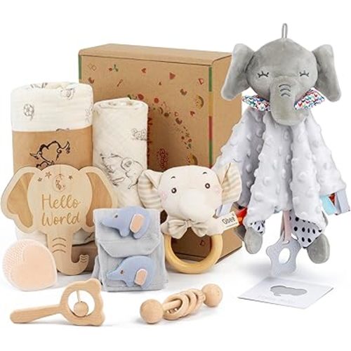 Elephant Baby Gift Set- 10 Piece Newborn Present Box with Essentials