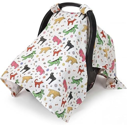 Metplus Car Seat Cover Baby, 100% Muslin Cotton Infant Carseat Covers for Boys and Girls, Lightweight Breathable Canopy, Summer Stroller Sun Shade, Newborn Travel Essentials(Dog)