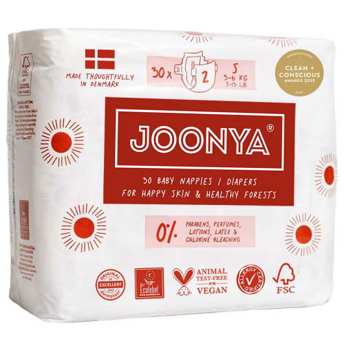 Joonya Baby Diapers - NonToxic, Eco-Friendly, Ultra Slim, Overnight Use - Bulk Disposable Eco Diapers - Made in Denmark - Size 2 S (7-13 lb) - 1 Bag of 30