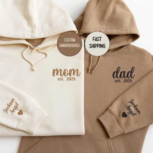 Personalized Dad With Names On Sleeve Embroidered Sweatshirt, Custom Embroidery Parents Hoodie, Matching New Mom and Dad Outfit Gifts