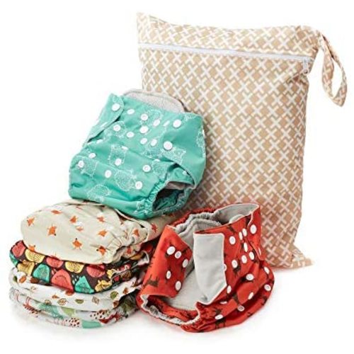 Simple Being Reusable Cloth Diapers, Double Gusset, One Size Adjustable, Washable Soft Absorbent, Waterproof Cover, Eco-Friendly Unisex Baby Girl Boy, with six 4-Layers Microfiber Inserts (Forest)