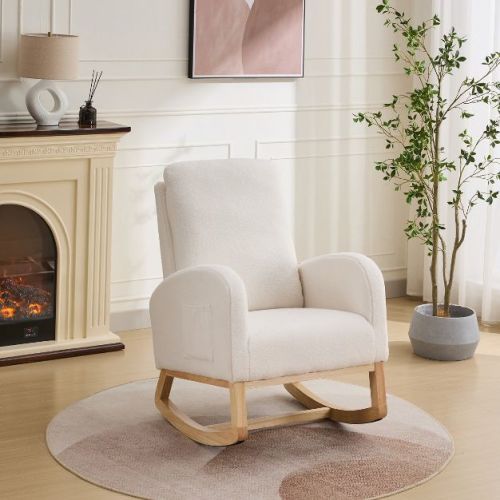 Modern Nursery Rocking Chair, Ivory Upholstered High Back Glider with Rubber Wood Legs, Rocking Accent Armchair for Living Room & Bedroom-Panipeachy