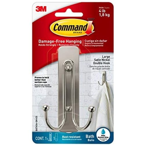 Command Large Double Bath Hook, Satin Nickel, 1-Hook, 1-Water-Resistant Strip, Organize Damage-Free