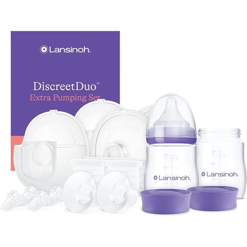 Lansinoh DiscreetDuo Extra Pumping Set | Hands-Free Wearable Breast Pump Accessories | Portable Replacement Kit with Milk Collection Cups, Flanges, Valves & Bottles (Pump Not Included)