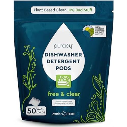 Puracy Dishwasher Pods, Dishwasher Detergent, Free & Clear Dish tabs - Enzyme-Powered, Spot & Residue Free - TikTok Trend Items, Must Haves from TikTok Made Me Buy It (Free & Clear, 50 Count)