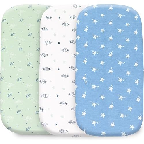 Cotton Fitted Bassinet Sheets, 33x17x4, Sage Green-White-Blue, 3 Pack