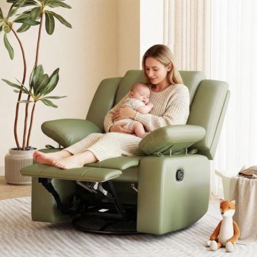 TYBOATLE Swivel Glider Recliner Chair - Green Faux Leather - Manual Rocker with Adjustable Footrest for Nursing