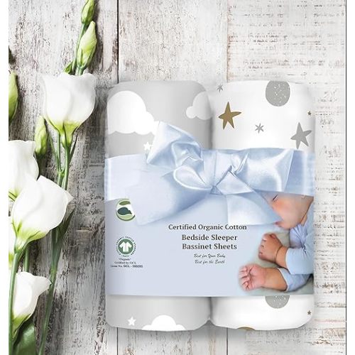 100% Organic Cotton 2 Pk of Bedside Sleeper Bassinet Fitted Mattress Sheets for Mika Micky, Baby Delight, Ronbei, Chicco, KoolerThings, Cloud Baby, AMKE, Angelbliss, Maxi-COSI, Arm's Reach, More. Sky