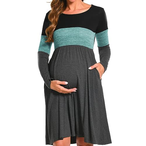 Bearsland Women’s Long Sleeve Maternity Dresses Patchwork Pregnancy Dress with Pocket