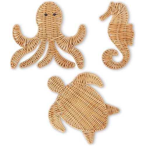 Novabright Handmade Rattan Sea Creatures Wall Decor Set of 3, Boho Coastal Seahorse Turtle Octopus Hanging Art, Summer Beach Nautical Wicker Sculpture for Bathroom Living Room Indoor Outdoor