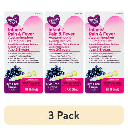 (3 pack) Parent's Choice Infants' Pain and Fever Acetaminophen, 160 mg, Grape, 2 fl oz