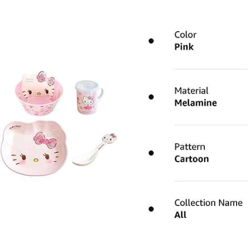 Hello Kitty Cute Pink Dinnerware Flatware Meal Set – Plate Bowl Cup Spoon, 4 pieces
