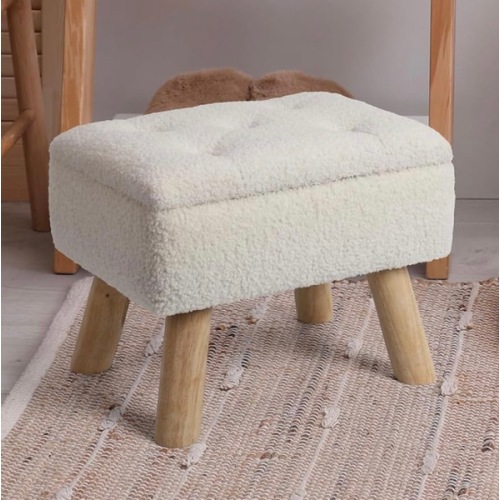 Storage Ottoman, Small Foot Stool Ottoman with Storage, Boucle Teddy Velvet Foot Rest with Padded Seat, Sturdy Wood Legs Stool for Living Room, Bedroom, Couch, Enterway (Cream)