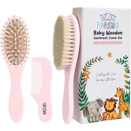 Baby Hair Brush Set for Newborns - Baby Brush and Comb Set - Ultra Soft Goat Hair Bristles, Perfect for Cradle Cap, Newborn Showers & Registries Gift, Comb Brush for Girls & Boys (Rosa)