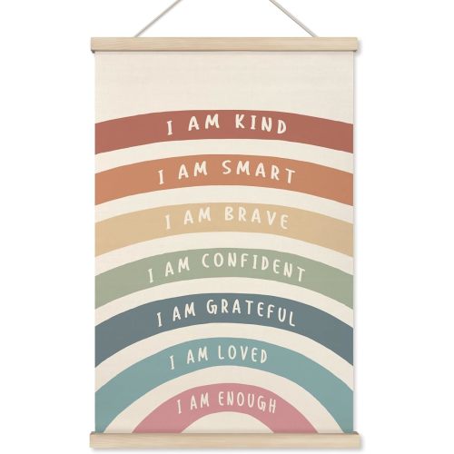 HRQKO I Am Kind Smart Inspirational Poster Hanger Frame, Boho Rainbow Wall Art with Wooden Frames, Positive Affirmation Hanging Banner Decor for Nursery Toddler Room, Mental Health Decor, 16x24 Inch