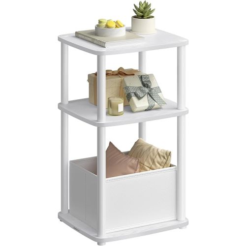 SONGMICS HOME Side Table, 3-Tier Nightstand with Storage, End Table with Fabric Basket, for Bedroom, Living Room, Steel Frame, Superfast Toolless Assembly, Modern, Snow White ULET286W01