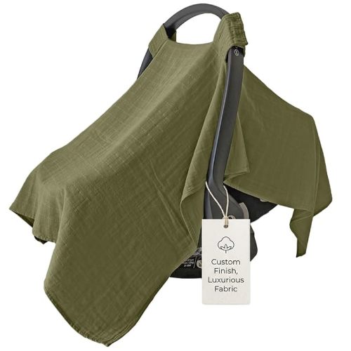 MOZAH Baby Car Seat Cover - Olive Green- 100% Organic Muslin - Soft, Breathable and Lightweight, Baby Infant Car Seat Essentials