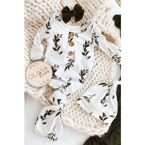 Olive Leaf Newborn Baby Knot Gown & Hat Set