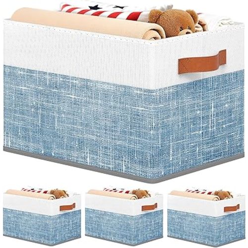 Fab totes Collapsible Storage Baskets for Shelves,14"x10", 6 Pack Foldable Fabric Storage Bins with Double Leather Handles, Large Baskets for Organizing Books, Clothes, White & Blue