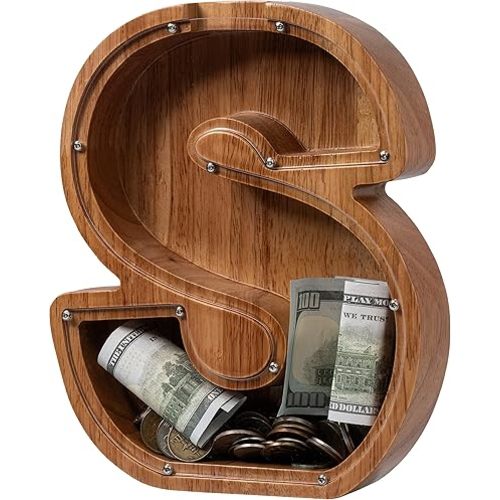 ladenk Large Wooden Kids Letter Piggy Bank - Piggy Bank for Boys Girls - Alphabet Money Bank with Initial S - Coin Bank for Birthday