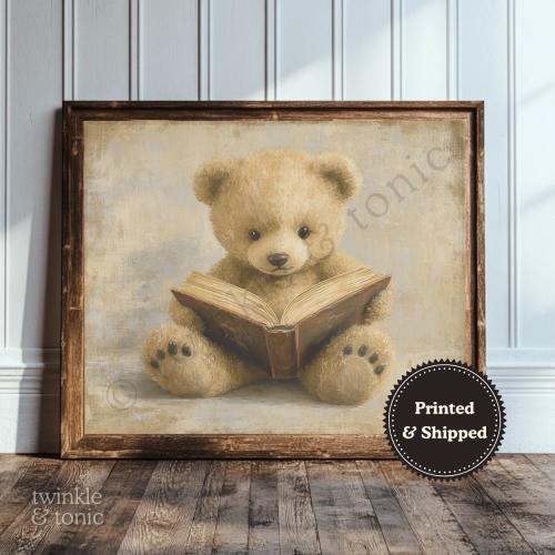 Vintage Teddy Bear Print, Gender Neutral Nursery Decor, Rustic Baby Room Poster, Antique Kids Bedroom Art, Reading Gift, Printed and Shipped