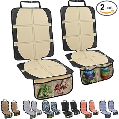 Car Seat Protector for Child Car Seat, 2 Pack Baby Car Seat Covers with Mesh Pockets & Non-Slip Backing 600D Durable Seat Protector Under Baby Car Seat for Car Back Seat (Beige, Large)