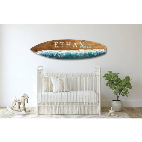 Custom Baby Name Surfboard with aqua waves, nursery decor