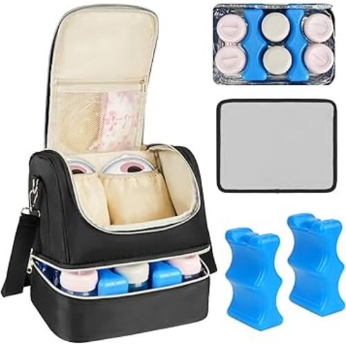 Wearable Breast Pump Bag with Cooler Compartment Fits for Willow/Elvie/Momcozy M5/S12 Pro/Medela, Breast Milk Travel Tote Bag with Ice Pack & Waterproof Mat,Black