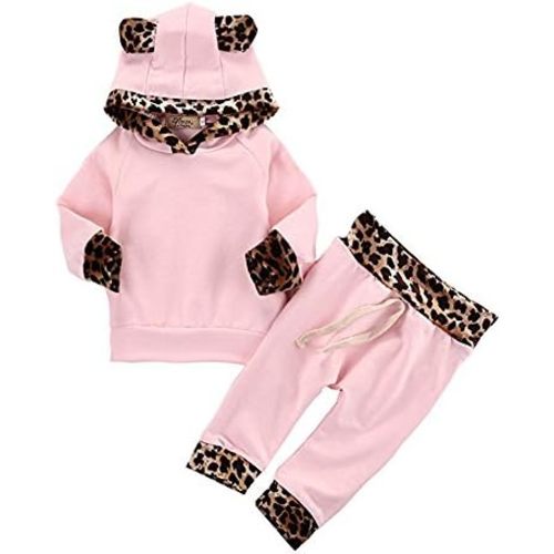 2Pcs Cute Newborn Baby Girls Pink Leopard Hoodie T-Shirt Top + Pants Outfits Set