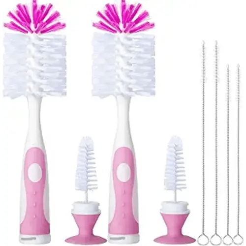 2 Pack Baby Bottle Brush with 4 Pack Straw Brushes, 10.2" Nylon Brushe with Nipple Cleaner and Stand Suction Cup, Pink