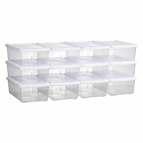 novelinks 12 Pack 6QT Plastic Storage Bins with Lids, Shoe Boxes (White) | Clear Shoe Storage Boxes, Shoe Boxes Clear Plastic Stackable, Shoe Bins, Shoe Containers, Craft Organizers and Storage