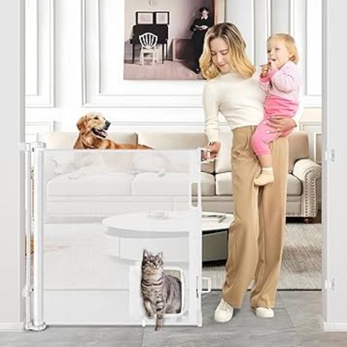 Retractable Baby Gate with Cat Door 55" Wide Retractable Baby Gate for Stairs Mesh Baby Gate with Pet Door Retractable Dog Gate for The House Retractable Pet Gate with Door Safety Gates for Toddlers