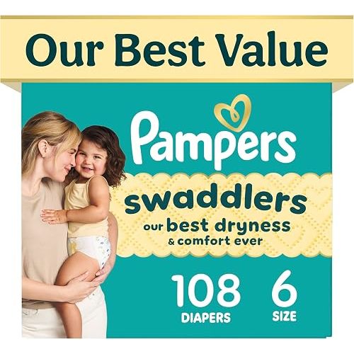 Pampers Swaddlers Diapers, Size 6 (23-44 lbs), 180 Count, Fragrance Free, Hypoallergenic, Absorbent, Pediatrician Recommended, Skin Safe