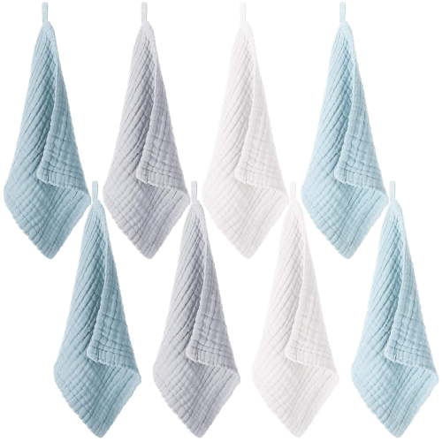 Lsupdaol 8 Pcs Baby Washcloths for Newborn 12 x 12 Inch Muslin Face Towels Cotton Absorbent for Delicate Skin Soft Muslin Cloth Reusable Baby Registry as Shower Gift, 4 Colors (Blue Color)