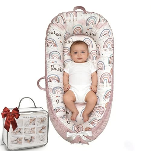 Baby Lounger-Breathable and Soft Organic 100% Cotton, Portable Infant Lounger with Removable Lounger Cover, Baby Nest Lounger for Newborn - Pink Rainbow