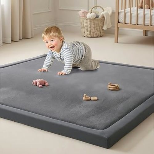 Goyuu Soft Baby Play Mat for Floor, 50x50 Playpen Mat Elasti-Foam Padded 1.3" Thick Crawling Nursery Mat, Non-Slip Backing for Toddlers Infant, Water-Repellent Coral Velvet Tummy Time Mat