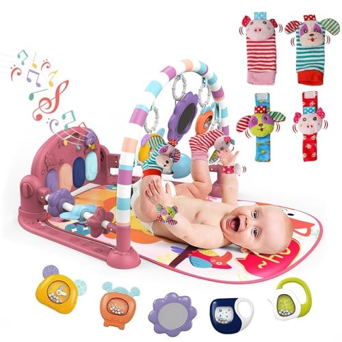 dearlomum Baby Play Mat Gym,Funny Play Piano Interactive Baby Activity Mat with 5 Infant Sensory Toys & 4 Wrist Rattle Socks, Boy & Girl Gifts for Newborn 0 to 3 6 9 12 Months(Pink)